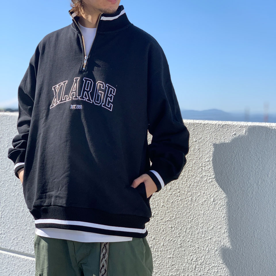 セールXL XLARGE コントラスト カラー ハーフジップ フーディ アッシュ-