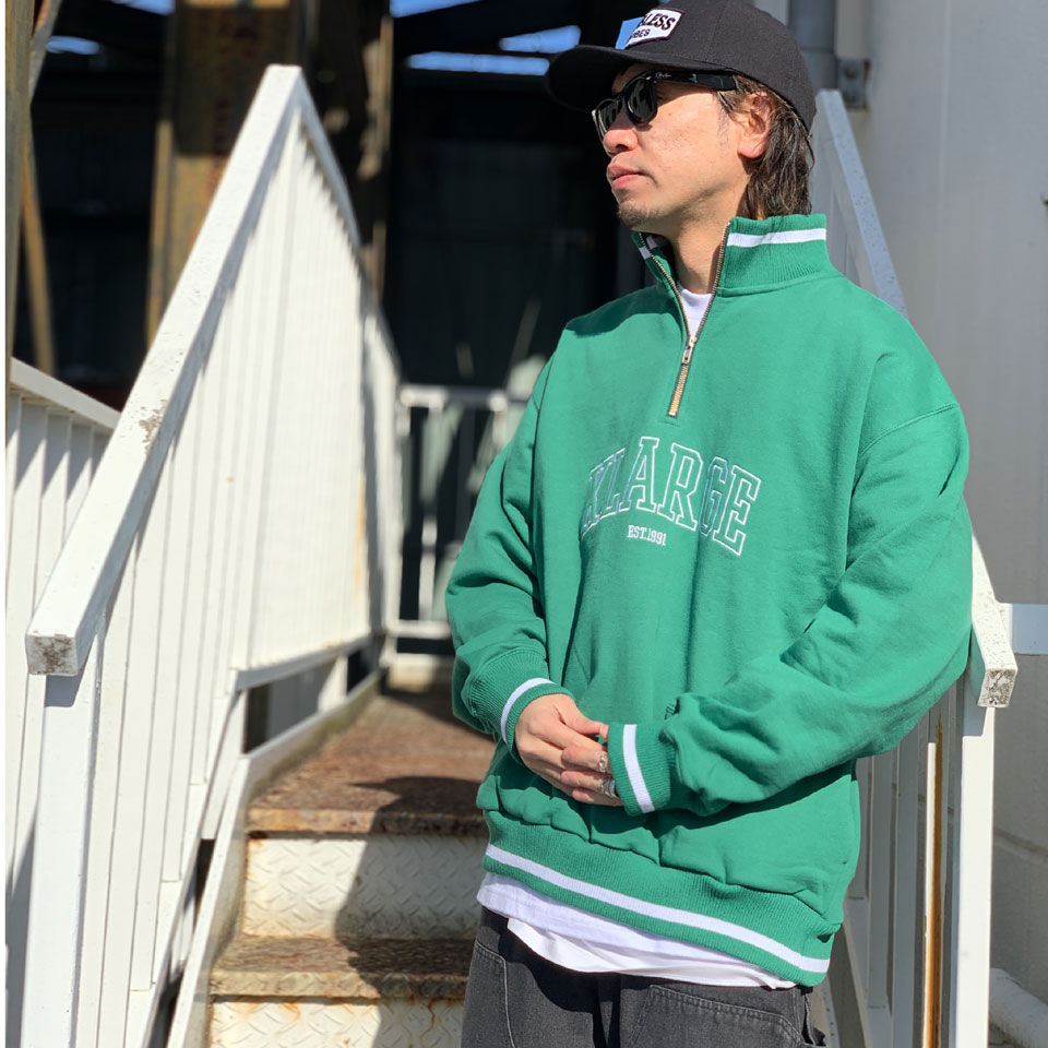 全2色 エクストララージ XLARGE ハーフジップスウェット トレーナー STRIPED RIB HALF ZIP SWEAT ブラック グリーン  BLACK GREEN 黒 緑