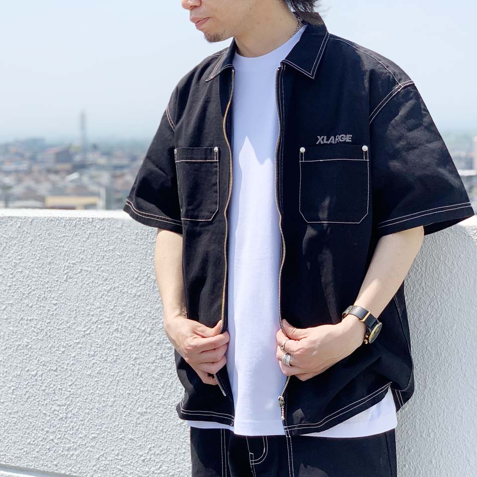 エクストララージ XLARGE 半袖シャツ STITCHED ZIP UP S/S WORK SHIRT ワークシャツ ブラック BLACK 黒  101232014001