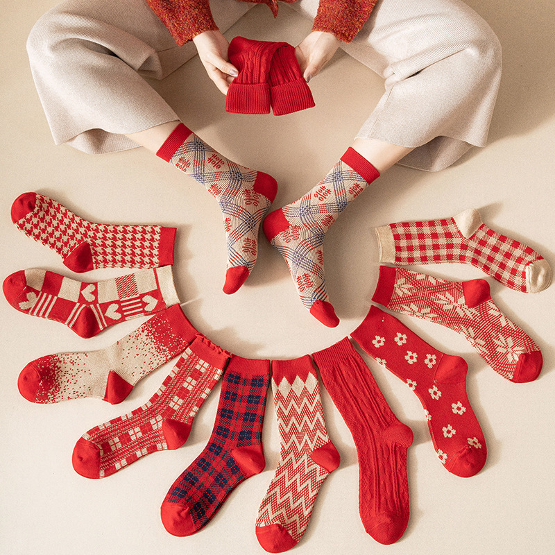 ソックス 靴下 2足セット くつ下 socks 可愛い 女の子 レディース 防寒 サンタクロース クリスマスグッズ クルーソックス 新年お祝い レッド　 あったか