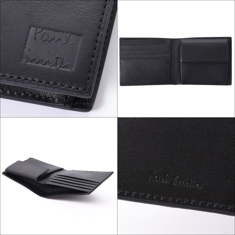 ブラックレザーパッチワーク二つ折り財布 Paul Smith（ポール・スミス） 【名入れ】Paul Smith レザーパッチ