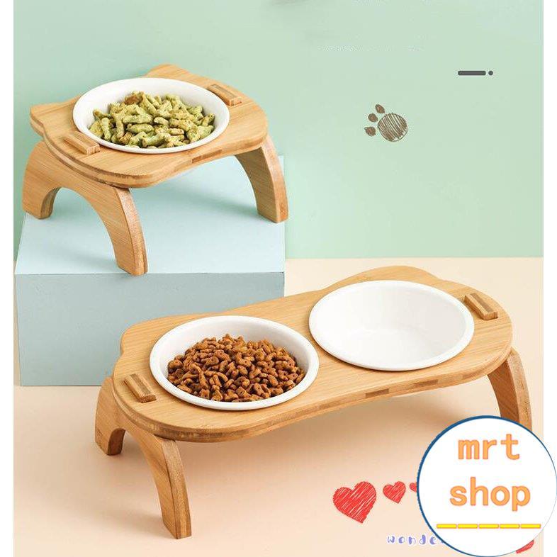 ペット用 フードボウル 台付き 猫用 猫食器 税込 犬食器 小型犬用 食器 餌やり 2皿 水やり用品 かわいい 組み立て ペット食器 2連 イラスト 竹製