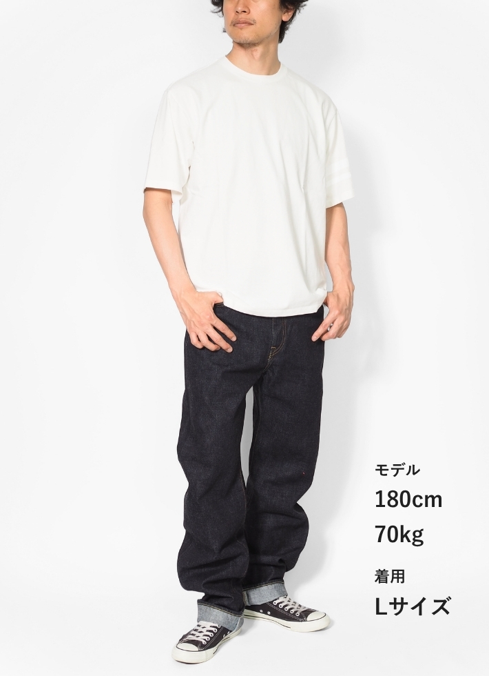 桃太郎ジーンズ（MOMOTARO JEANS） Tシャツ 半袖 袖プリント二本線