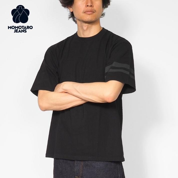 桃太郎ジーンズ（MOMOTARO JEANS） Tシャツ 半袖 袖プリント二本線