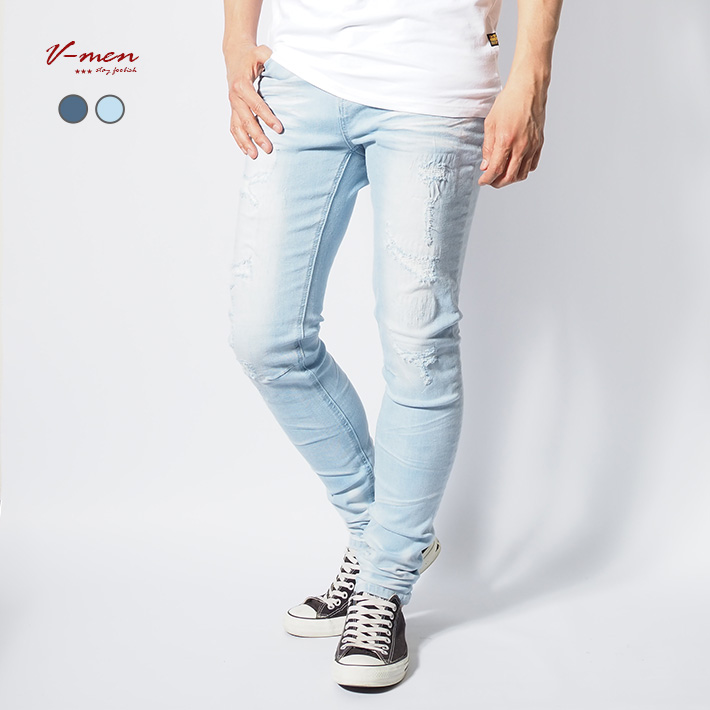 スキニー デニムパンツ ストレッチ リペア V-men (973310) メンズ