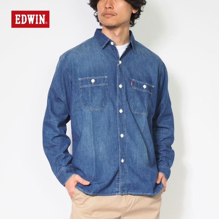 EDWIN（エドウィン） ワークシャツ デニムシャツ 長袖 無地 ストライプ