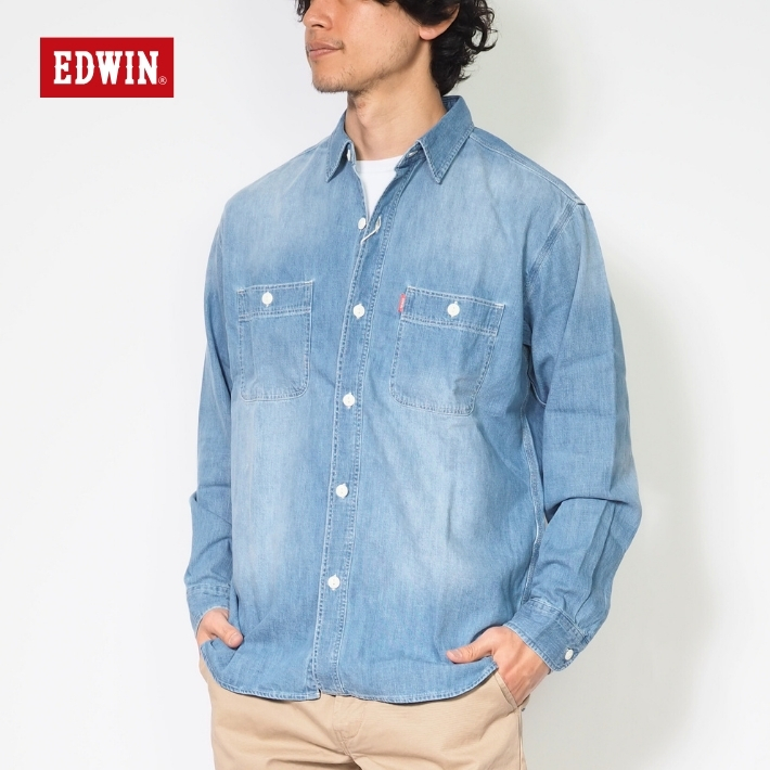 EDWIN（エドウィン） ワークシャツ デニムシャツ 長袖 無地 ストライプ