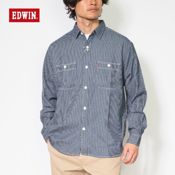 EDWIN（エドウィン） ワークシャツ デニムシャツ 長袖 無地 ストライプ