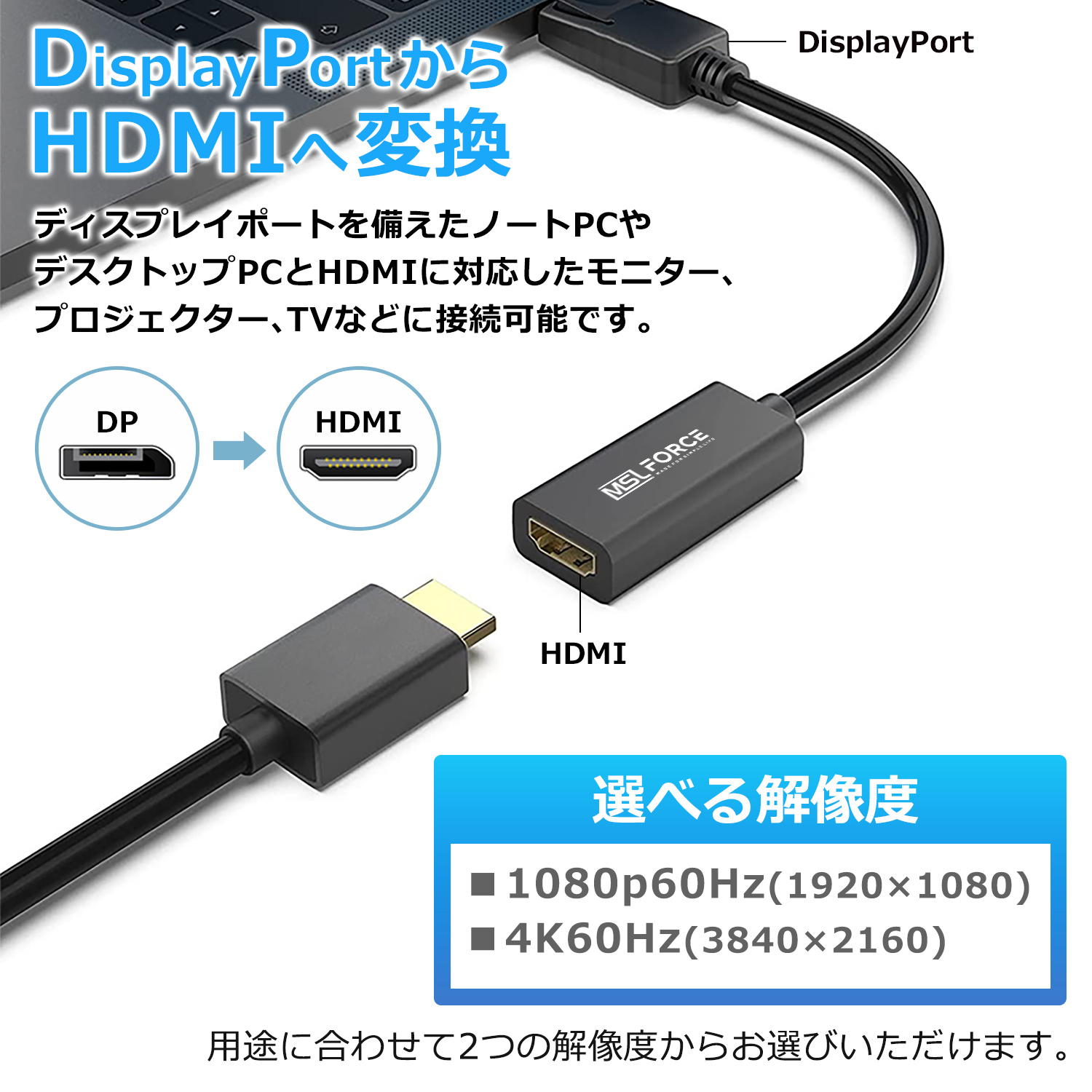 本日最大600円引き Displayport DP to HDMI 変換アダプタ 1080p フルHD 1920×1080 4K 60Hz 3840×2160 音声対応  dp2hd-1080 送料無料