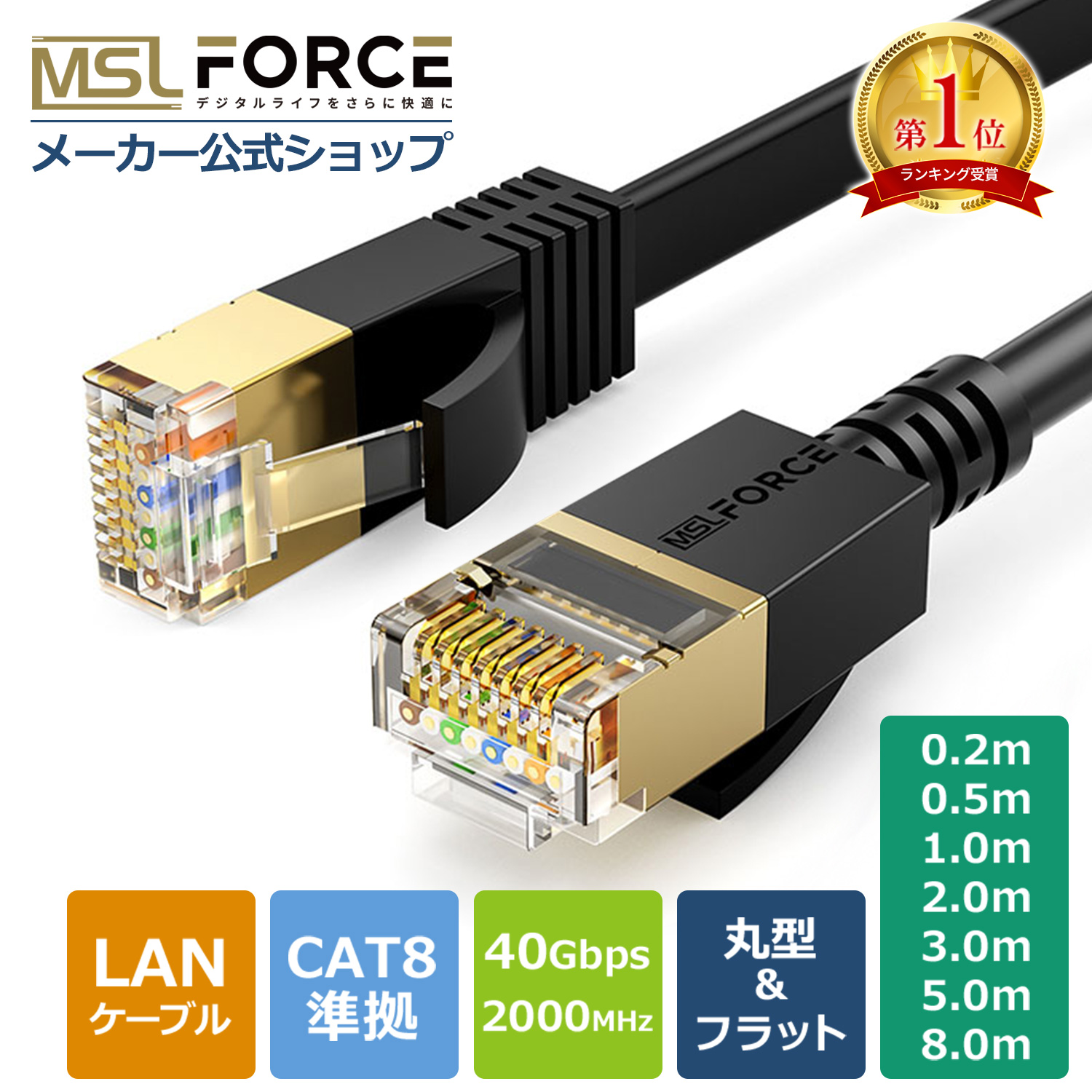 LANケーブル CAT8準拠 40Gbps 2000MHz カテゴリー8 フラットタイプ 丸