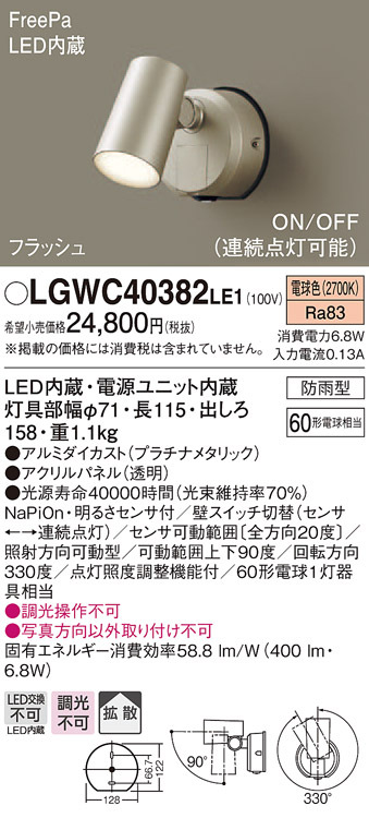 パナソニック LGWC40382 LE1 壁直付型 LED 電球色 スポットライト 拡散