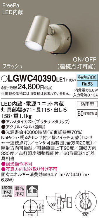 パナソニック LGWC40390 LE1 壁直付型 LED 昼白色 スポットライト 拡散