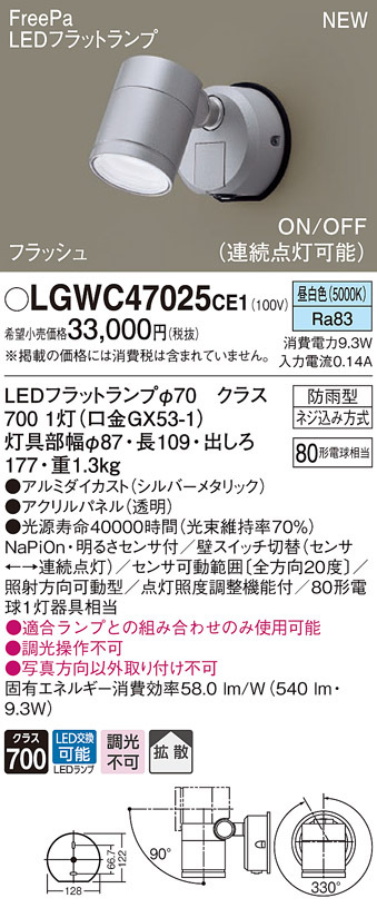 パナソニック LGWC47025 CE1 壁直付型 LED 昼白色 スポットライト 拡散
