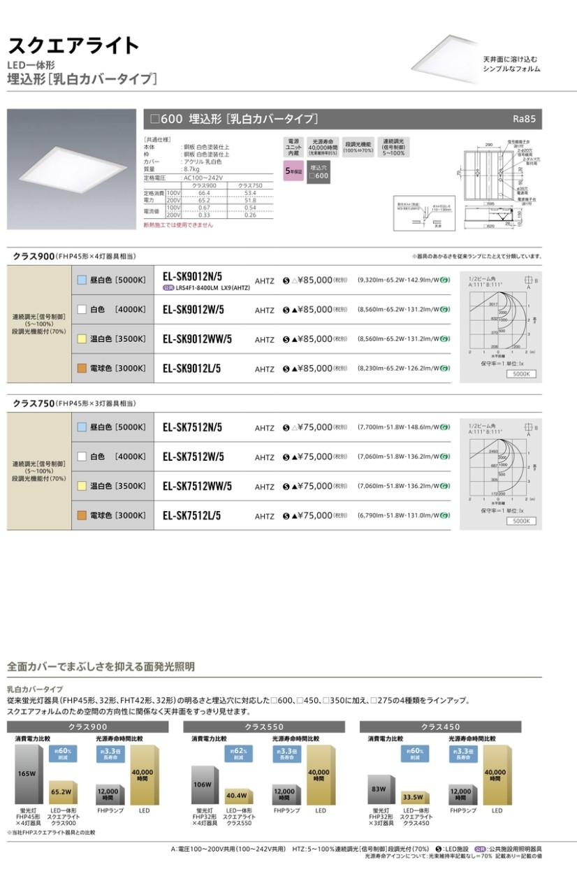 三菱 EL-SK9012N/5 AHTZ LEDベースライト スクエアライト 埋込形 □600