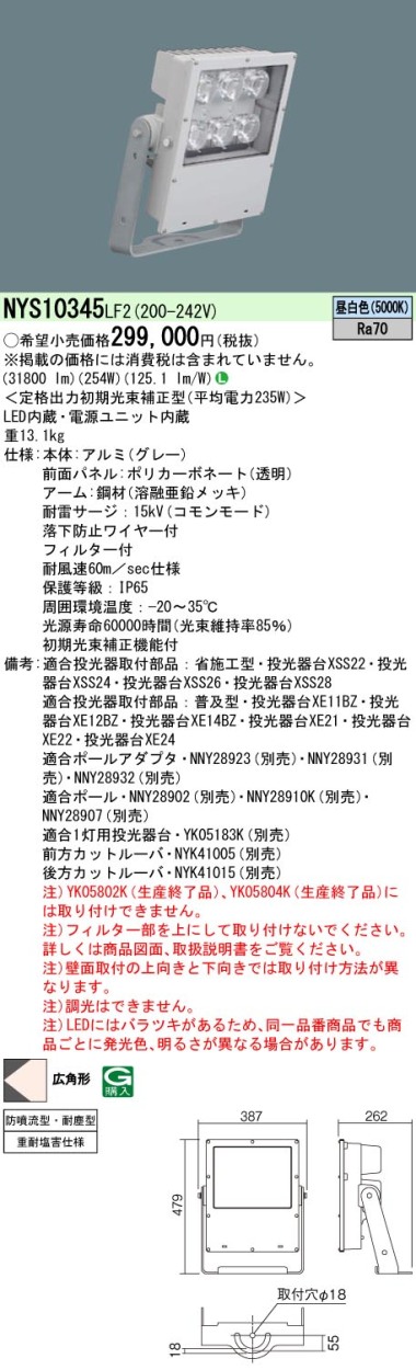 パナソニック NYS10345 LF2 LED 昼白色 投光器 1/10ビーム角86度 広角