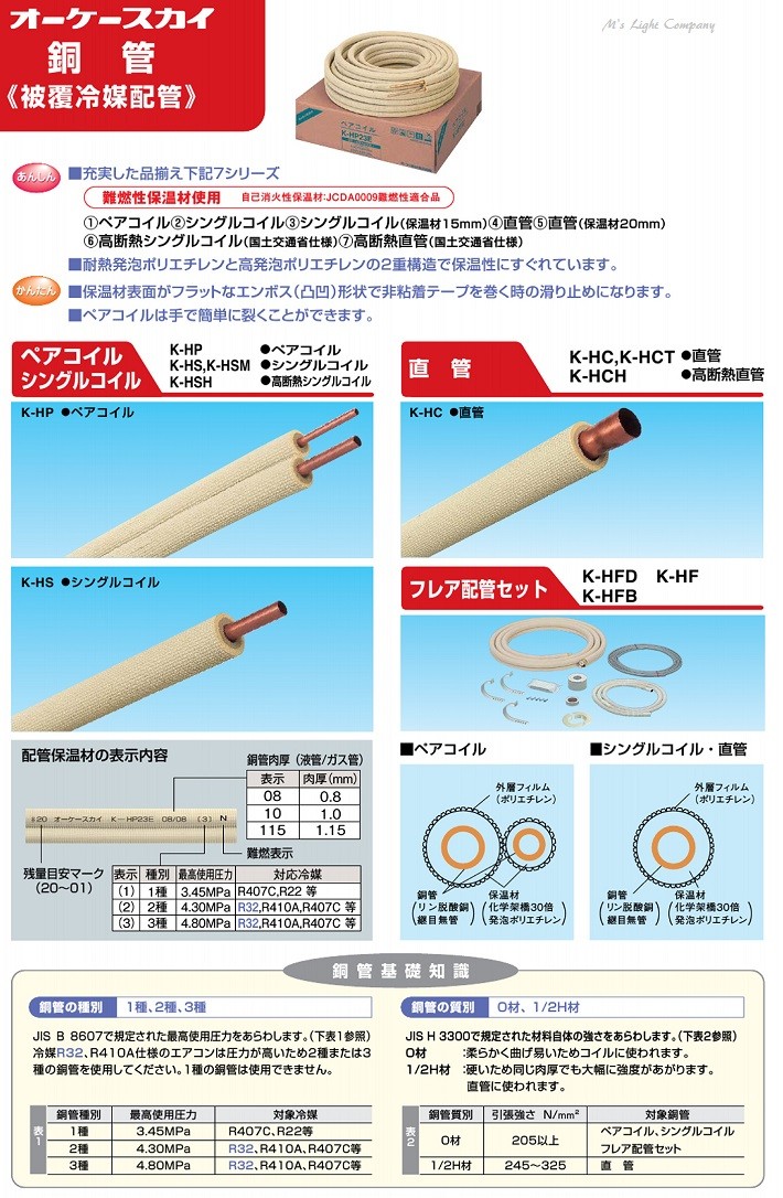 オーケー器材 K-HS5E シングルコイル 被覆冷媒配管 難燃保温材使用 『KHS5E』