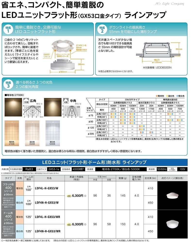 東芝 LDF4N-H-GX53/W LEDユニットフラット形 防水形 昼白色 450lm 広角