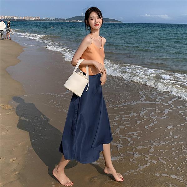 ロングスカート レディース マキシ丈スカート ウエストゴム 無地 ゆったり 夏 涼しい 薄手 快適 高級感 おしゃれ ハイウエスト お出かけ 柔らかい | ブランド登録なし | 02