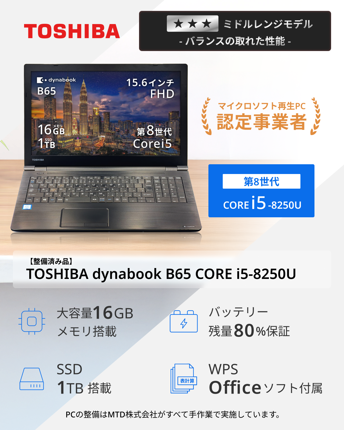 dynabook B B65 第8世代 Core i5 16GB SSD 1TB 中古 ノートパソコン