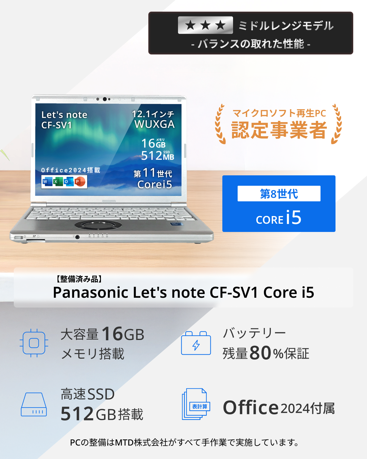 中古美品レッツノートSV1 i5 16G／256GB／Office2024 Let's note SV 中古ノートパソコン パナソニック レッツノート