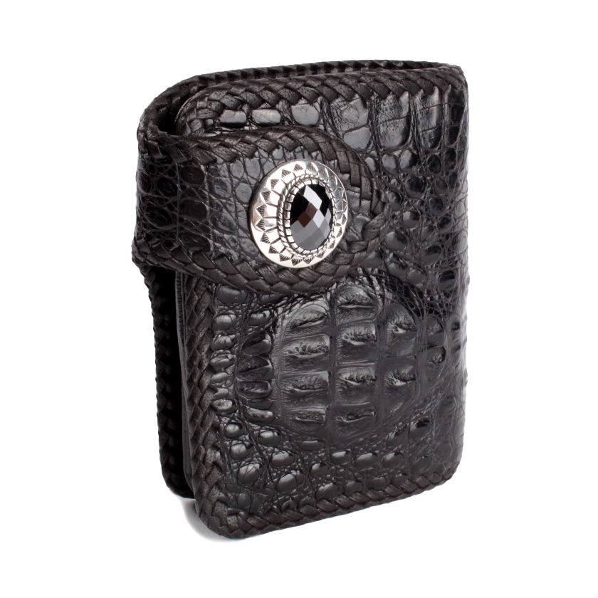 二つ折り財布 ワニ革カイマンクラウンブラック ショートウォレット