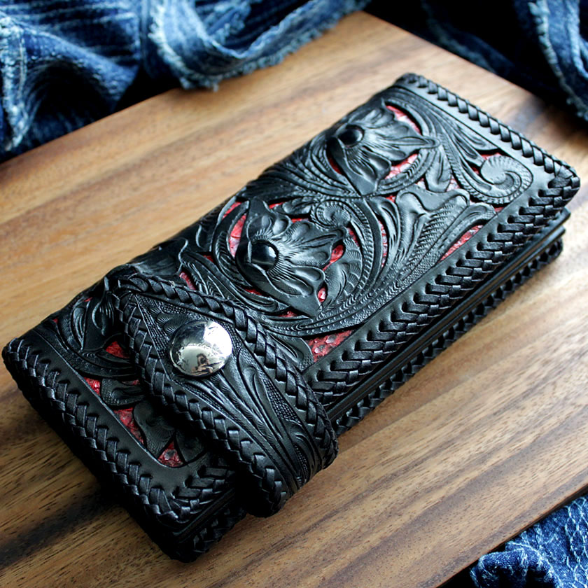 カービングウォレット 透かし彫り長財布 レザーロングウォレット
