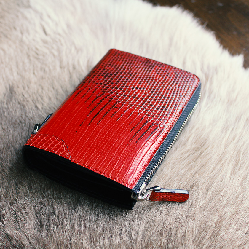 l字ファスナー財布 二つ折り財布 トカゲ革 リザードハーフ /レッド