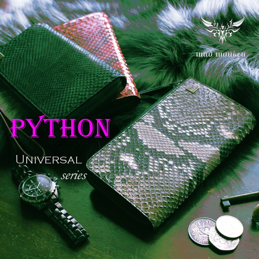 本革パイソン　ラウンド　長財布 L字ラウンドファスナー長財布/パイソン/ナチュラル・レッド