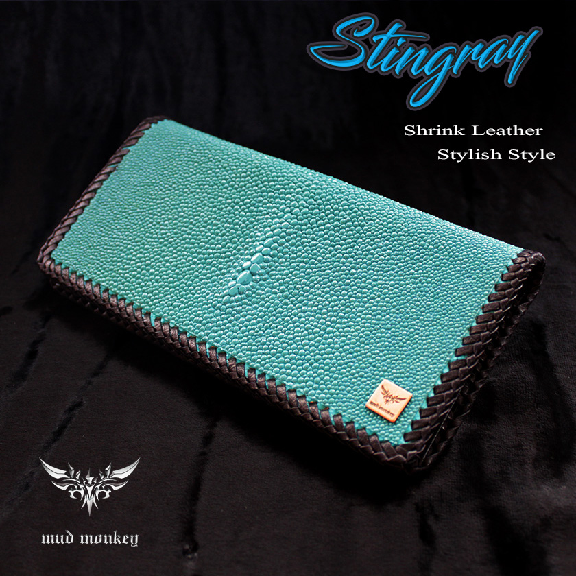 スティングレイ・エイ革長財布/キャビアターコイズ/ブラックレース編み