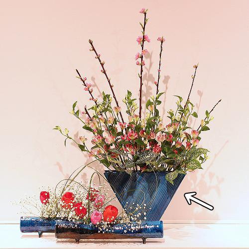 信楽焼 花器 青釉 彫 三角 自由花 陶器 花瓶 生け花 和風 華道 池坊