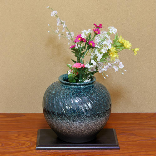 信楽焼 花瓶 緑釉 彫り 丸 8号 おしゃれ 一輪挿し 小さい 花入 北欧