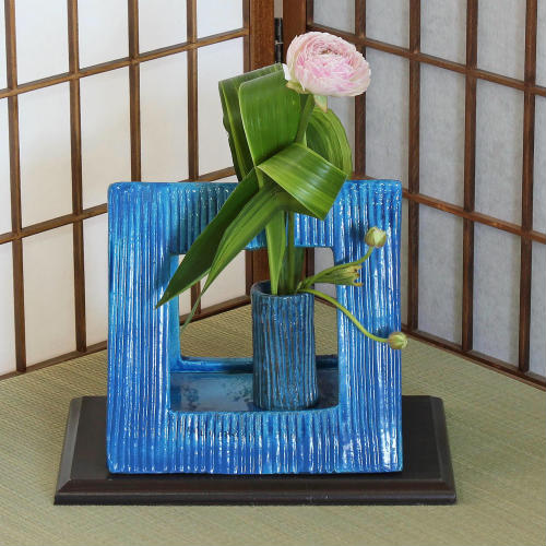 信楽焼 花器 青釉 フレーム 合わせ 自由花 陶器 花瓶 生け花 和風 華道