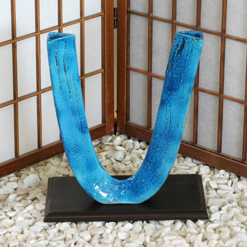 信楽焼 花器 青釉 U型 パイプ 自由花 陶器 花瓶 生け花 和風 華道 池坊