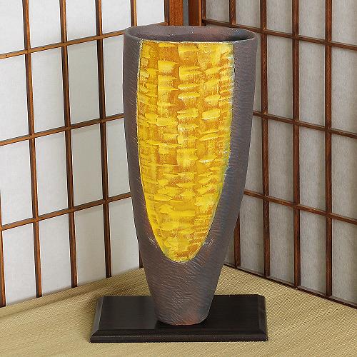 信楽焼 花器 灰釉 黄ガラス 立花 陶器 花瓶 生け花 和風 華道 池坊