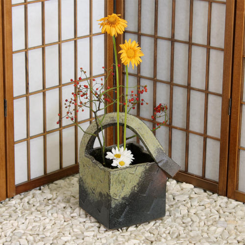 ポイント3倍]信楽焼 花器 窯肌 手付 角 陶器 花瓶 生け花 和風