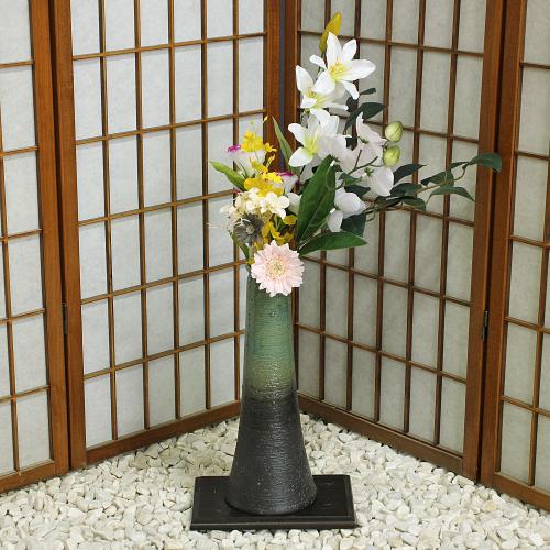 信楽焼 花器 青 ガラス 掛分 円柱 長 立花 陶器 花瓶 生け花 和風 華道