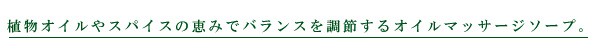 YOGISOAPは、植物オイルやスパイスの恵みでそのバランスを調節するオイルマッサージソープです。