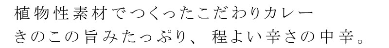 植物素材で作ったこだわりカレー。きのこの旨みたっぷり、程よい辛さの中辛。