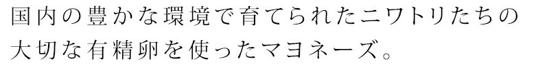 国内の豊かな環境で育てられたニワトリたちの大切な有精卵を使ったあっさりまろやか風味のマヨネーズ。