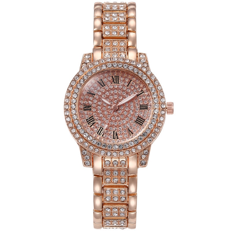 女性のための高級ダイヤモンドスチールブレスレット、女性の腕時計、クォーツ、ピンクゴールド、光沢のあるクリスタル｜mumumu-yh｜02