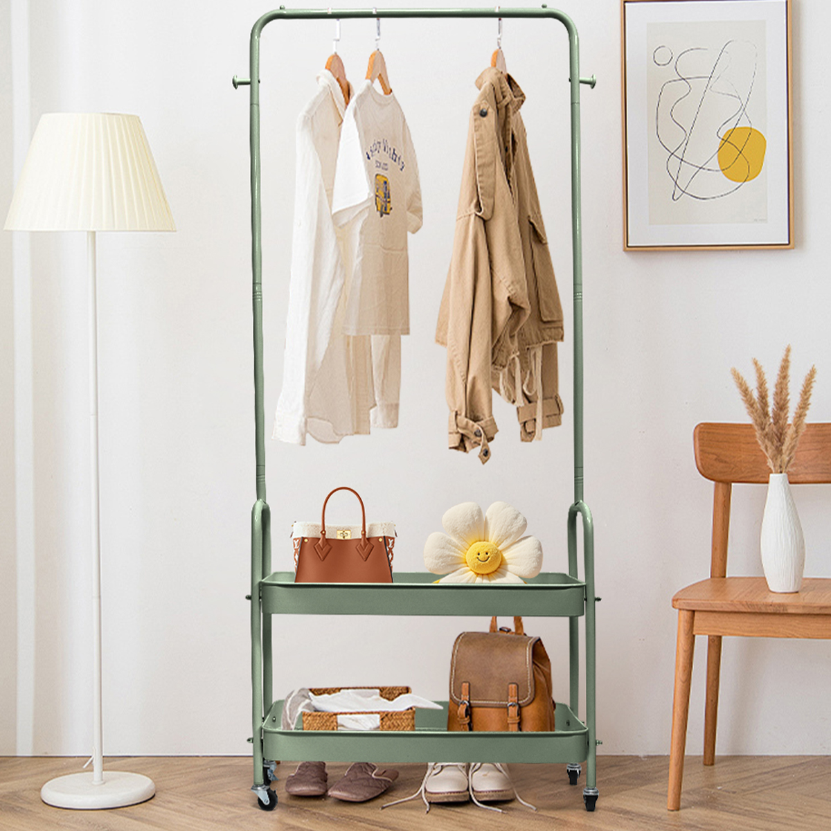 マルチハンガーラック 幅68cm 2段メッシュカゴ キャスター付 ホワイト