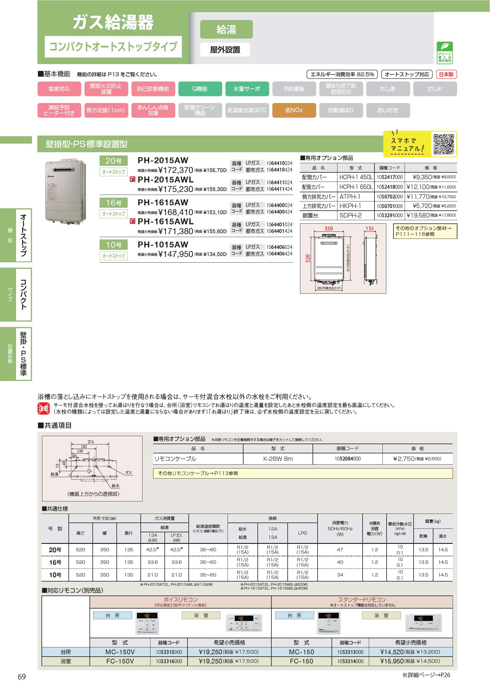 パロマ PH-2015AW 20号 非エコジョーズ 壁掛け 給湯専用 落とし込み