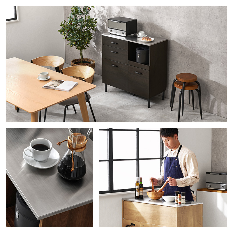 キッチンカウンター 幅85 ステンレス天板 間仕切り キッチンキャビネット キッチンボード カップボード 食器棚 レンジ台 キッチンラック 収納 CKC-7160 q6059