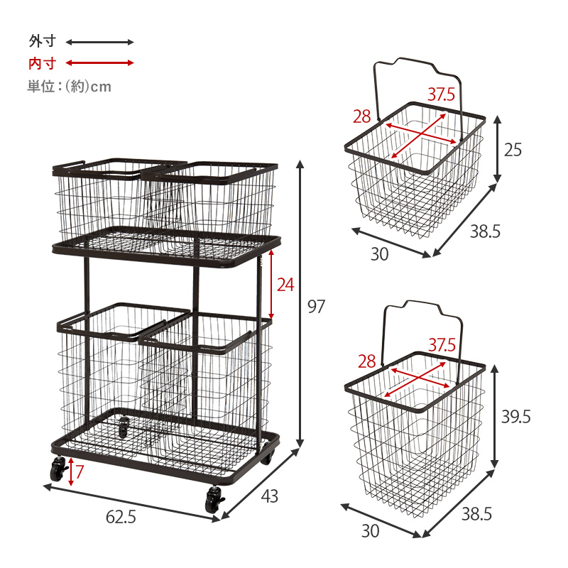 ランドリーラック 4BOX ダブルタイプ ランドリーワゴン バスケット 洗濯物 ランドリー用品 分別 縦型収納 キャスター付き KR-3946