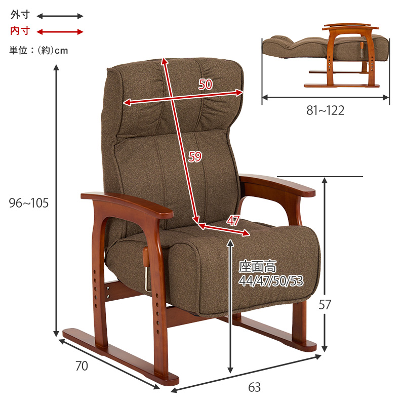 高座椅子 高さ調節 4段階 背もたれ無段階リクライニング 頭部14段階リクライニング 手元レバー ポケットコイル 低反発ウレタン 畳ずり LZ-4403