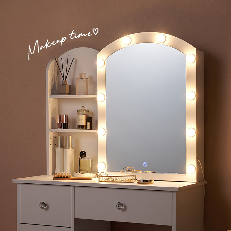 ドレッサー ライト付き 白 鏡台 スライドミラー コスメ収納 コンセント スツール デスク 机 姫系 かわいい おしゃれ ホワイト 収納 ワンルーム MD-5840 q4739 セシル Cecile