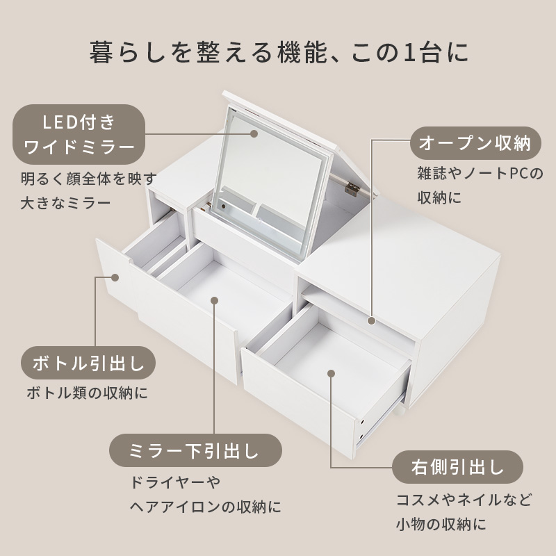 ドレッサー テーブル ドレッサーテーブル LEDライト付き 白 おしゃれ 収納 大容量 コンパクト 95cm ローテーブル デスク 机 コスメテーブル 鏡台 ミラー MD-5843 q4732