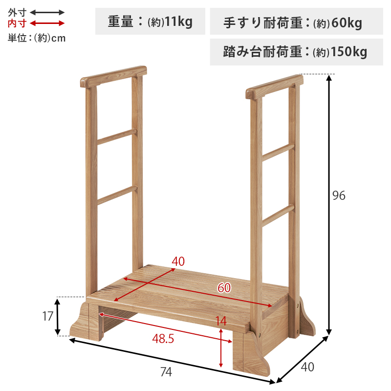 玄関台 玄関踏み台 高めの玄関 踏み台 手すり 天然木 無垢 タモ 74cm 両側 木製 靴 収納 両手 両側てすり 階段 段差 階段 玄関ステップ 介護 転倒 防止 MFD-6908