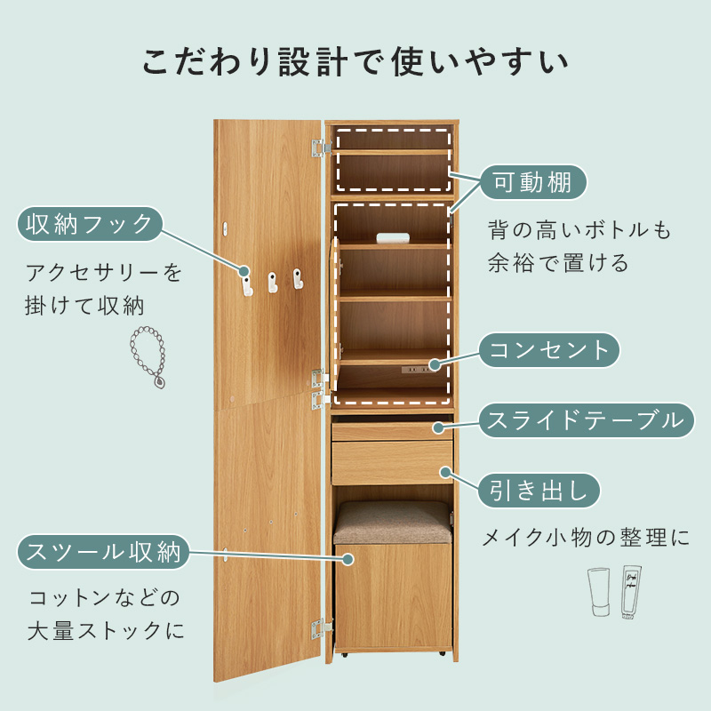 ドレッサー 姿見ドレッサー 収納スツール付 大容量 全身ミラー 化粧台 1台2役 コンセント付 RD-1195