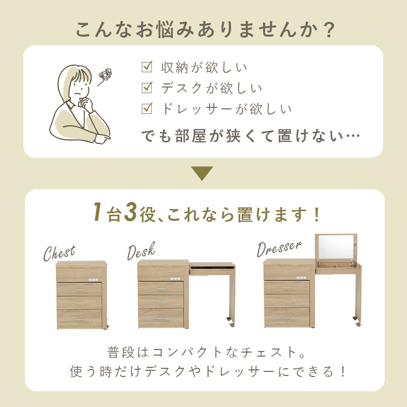 ドレッサー 3WAY コンパクト デスク 収納 ドレッサーデスク コンセント キャスター チェスト 大容量 収納 省スペース コスメ ミラー 鏡台 化粧台 RD-1414 q0303